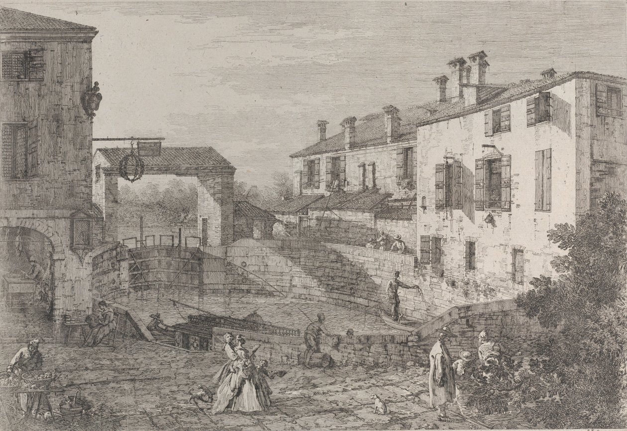 Le porte del Dolo: det ovale bassin til sluserne ved Dolo, med en pram fortøjet til kajen..., 1735-46. af Canaletto