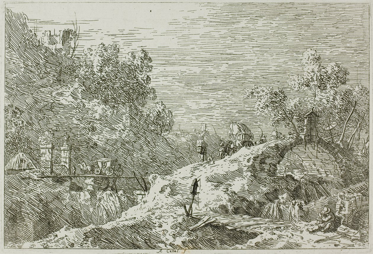 Bjerglandskab med fem broer, fra Vedute af Canaletto