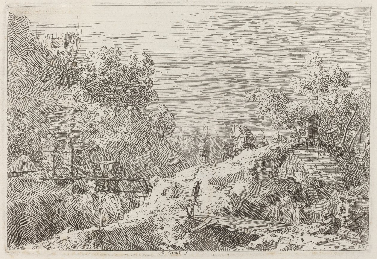 Bjerglandskab med fem broer af Canaletto