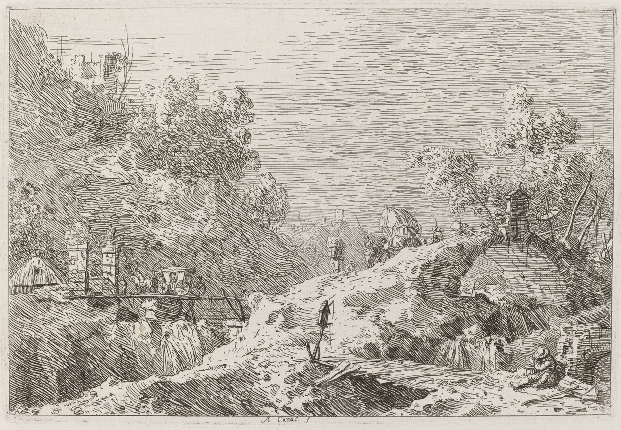 Bjerglandskab med fem broer [nederst til højre] af Canaletto
