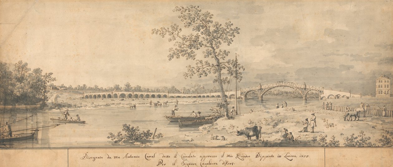 Old Walton Bridge set fra Middlesex-kysten af Canaletto