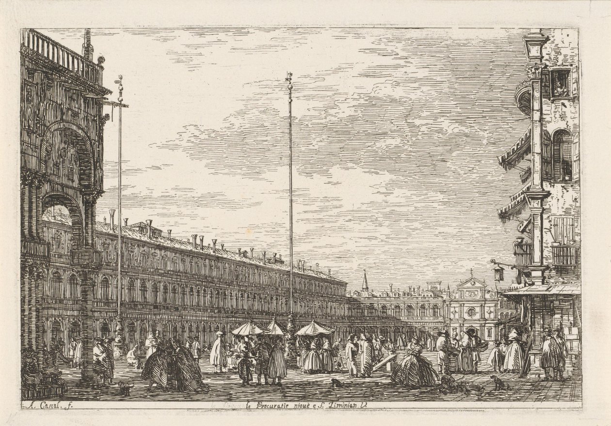 Piazza San Marco Le procuratie niove e S. Ziminian V. (titel på objektet) Ansigter på eksisterende og opfundne steder (serietitel) Vedute altre prese da i Luoghi altre ideate af Antonio Canal (serietitel) af Canaletto