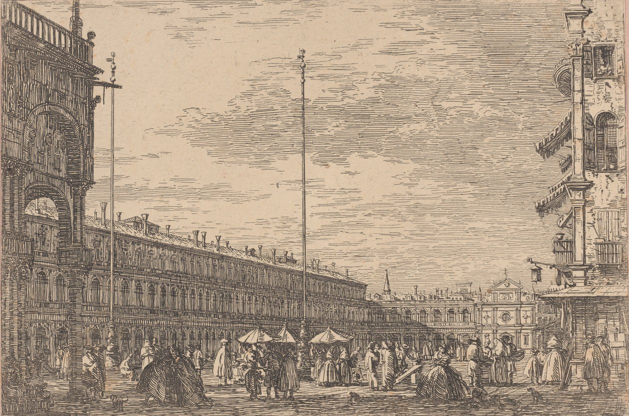 Piazza San Marco med Procuratie Nuove til venstre og kirken San Geminiano ..., 1735-46. af Canaletto