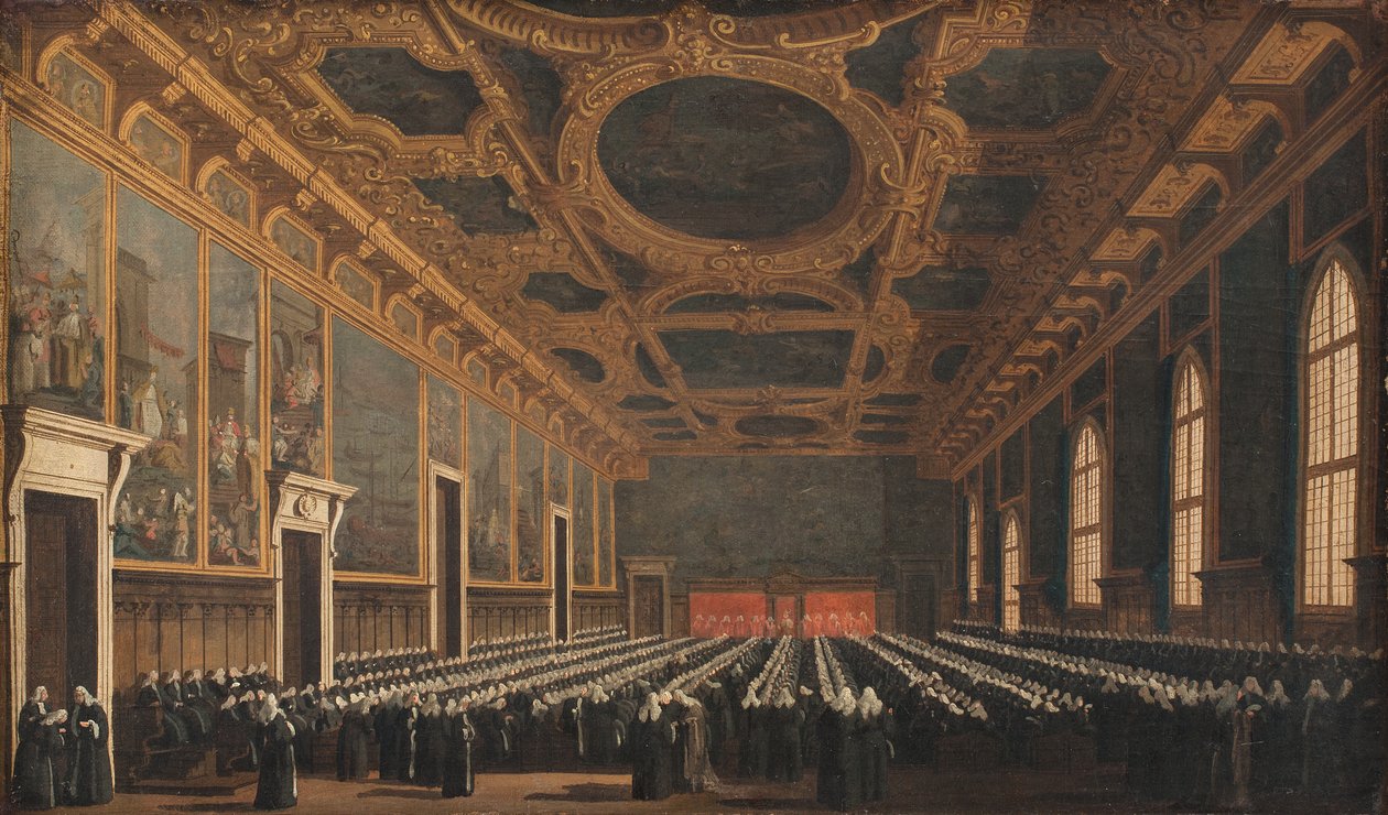 Doge- og storrådet i Sala del Maggior Consiglio af Canaletto
