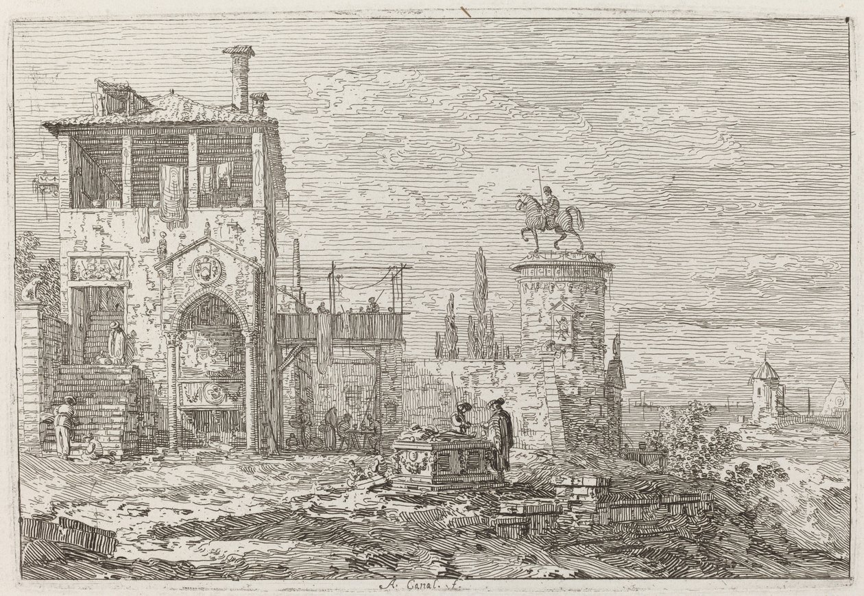 Ryttermonumentet [øverst til højre] af Canaletto