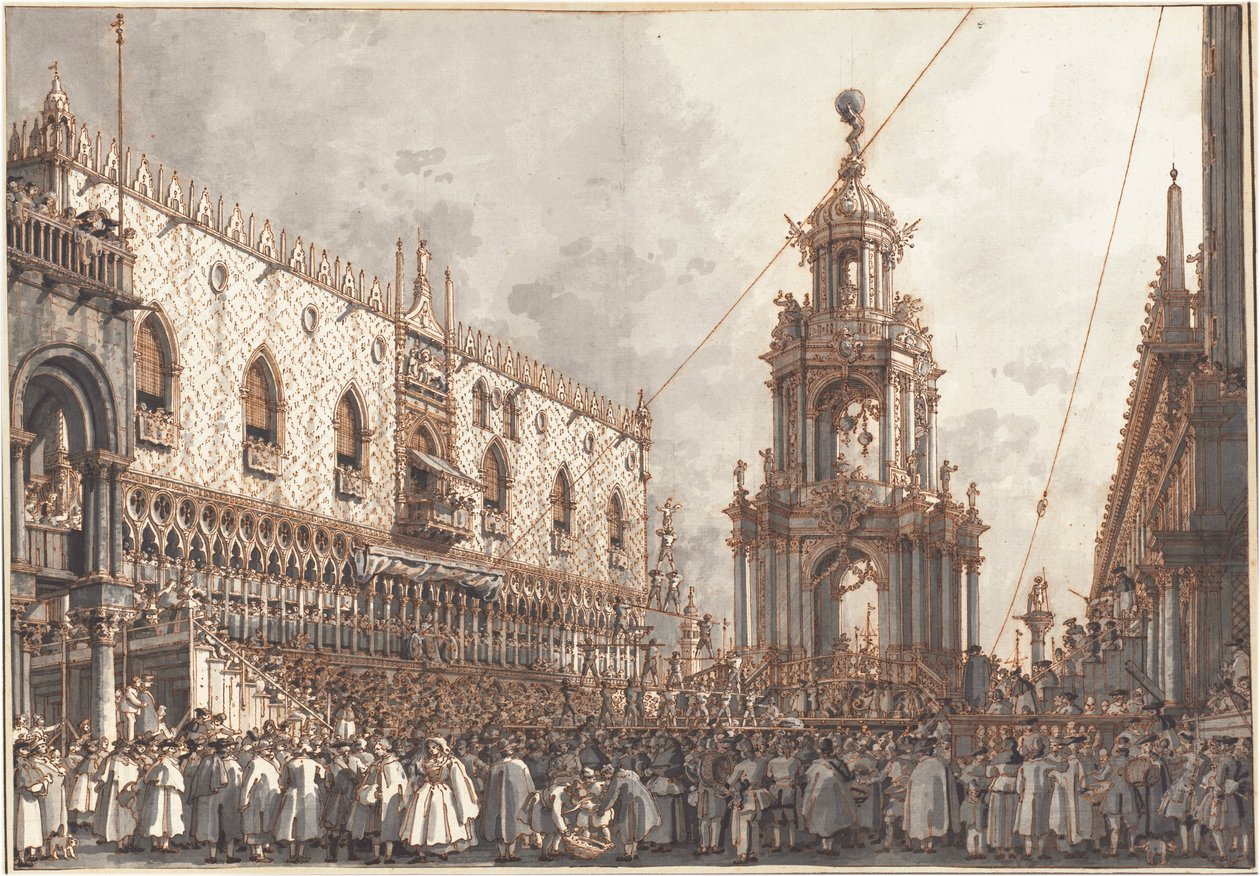 Festivalen «Giovedì Grasso» foran Dogepaladset i Venedig af Canaletto