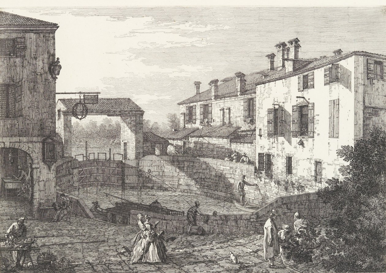 The Locks at Dolo, et ovalt bassin med både i midten, bygninger på begge sider,..., 1735-46. af Canaletto