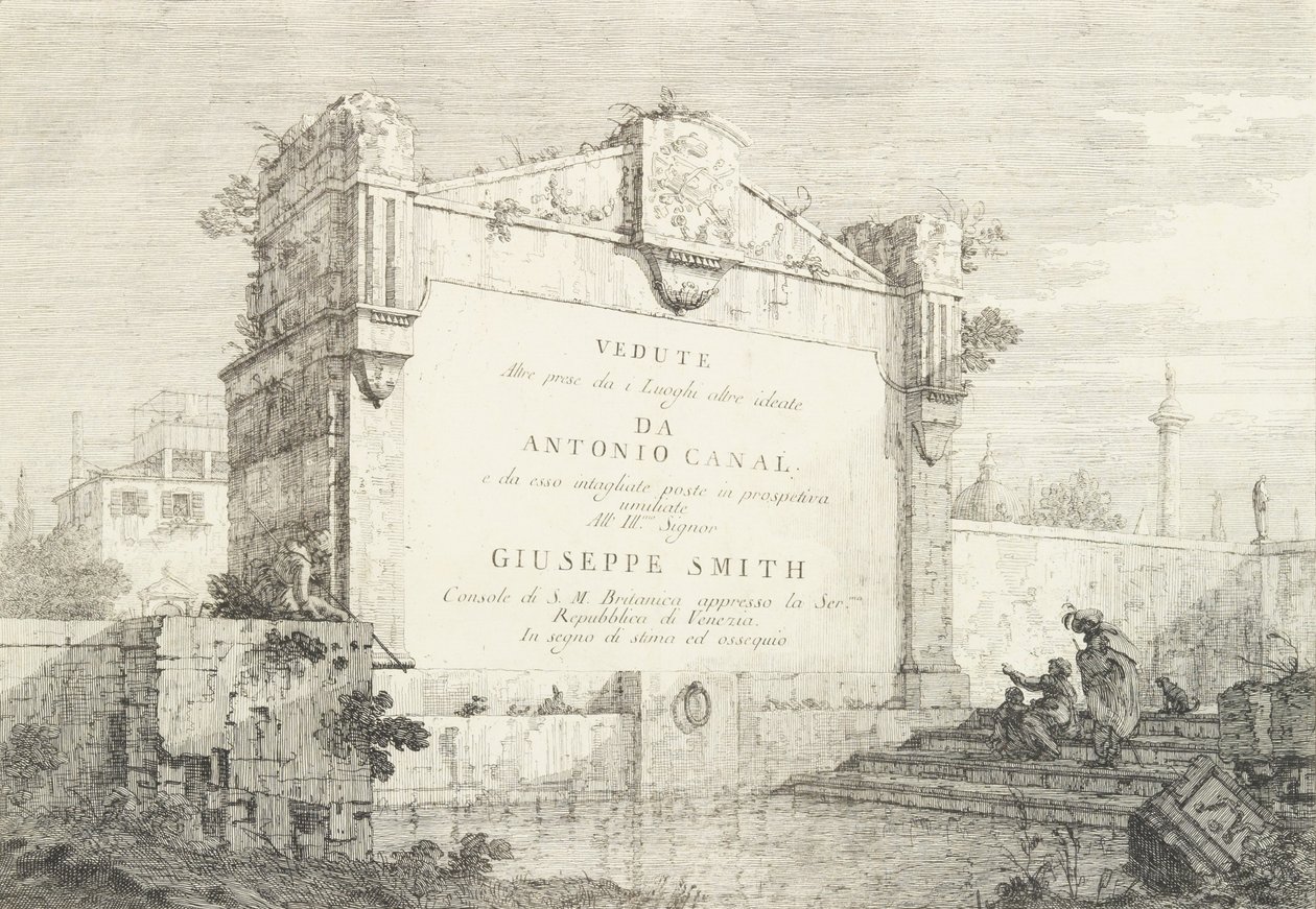 Titelblad med en stor mur af en klassisk ruin, med en figur siddende til højre i..., 1735-46. af Canaletto
