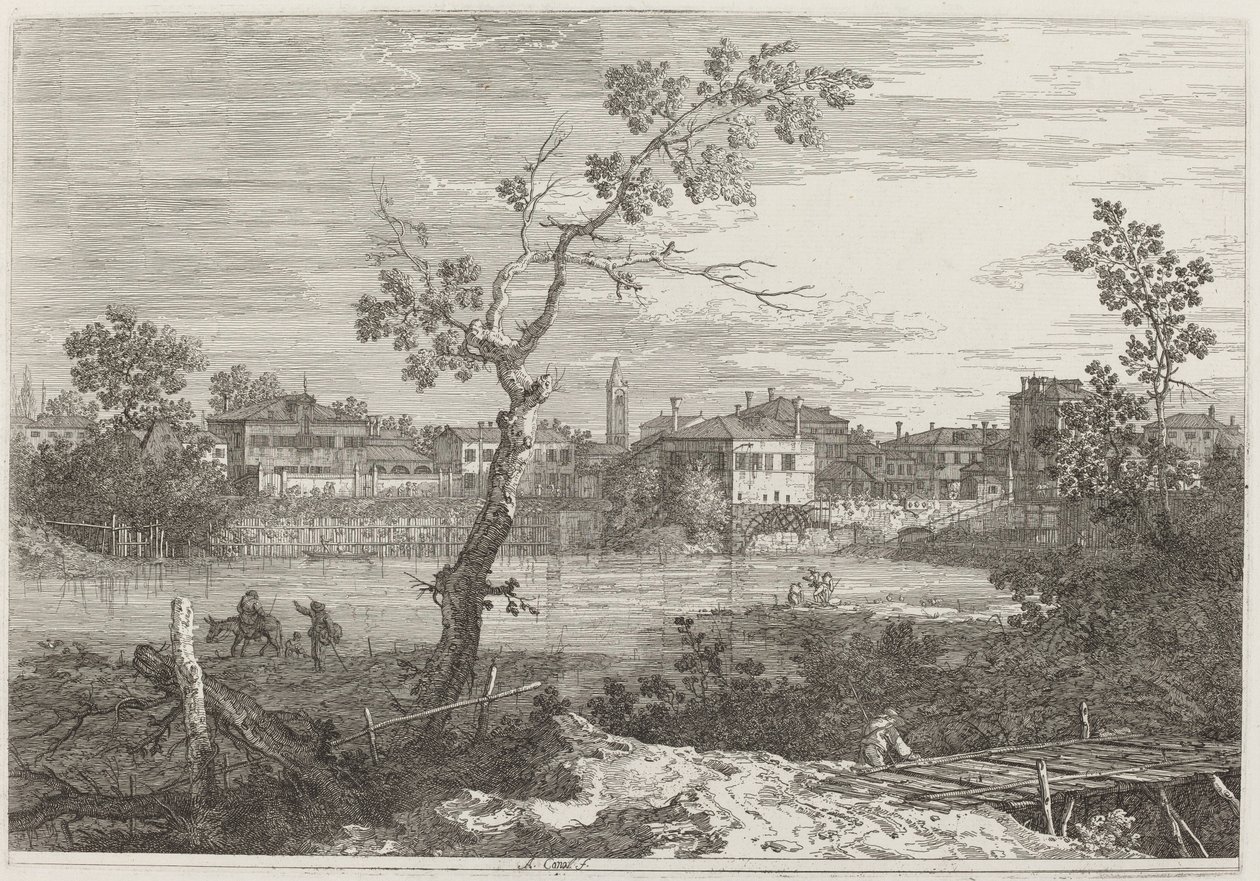 Udsigt over en by ved en flodbred, ca. 17351746. af Canaletto