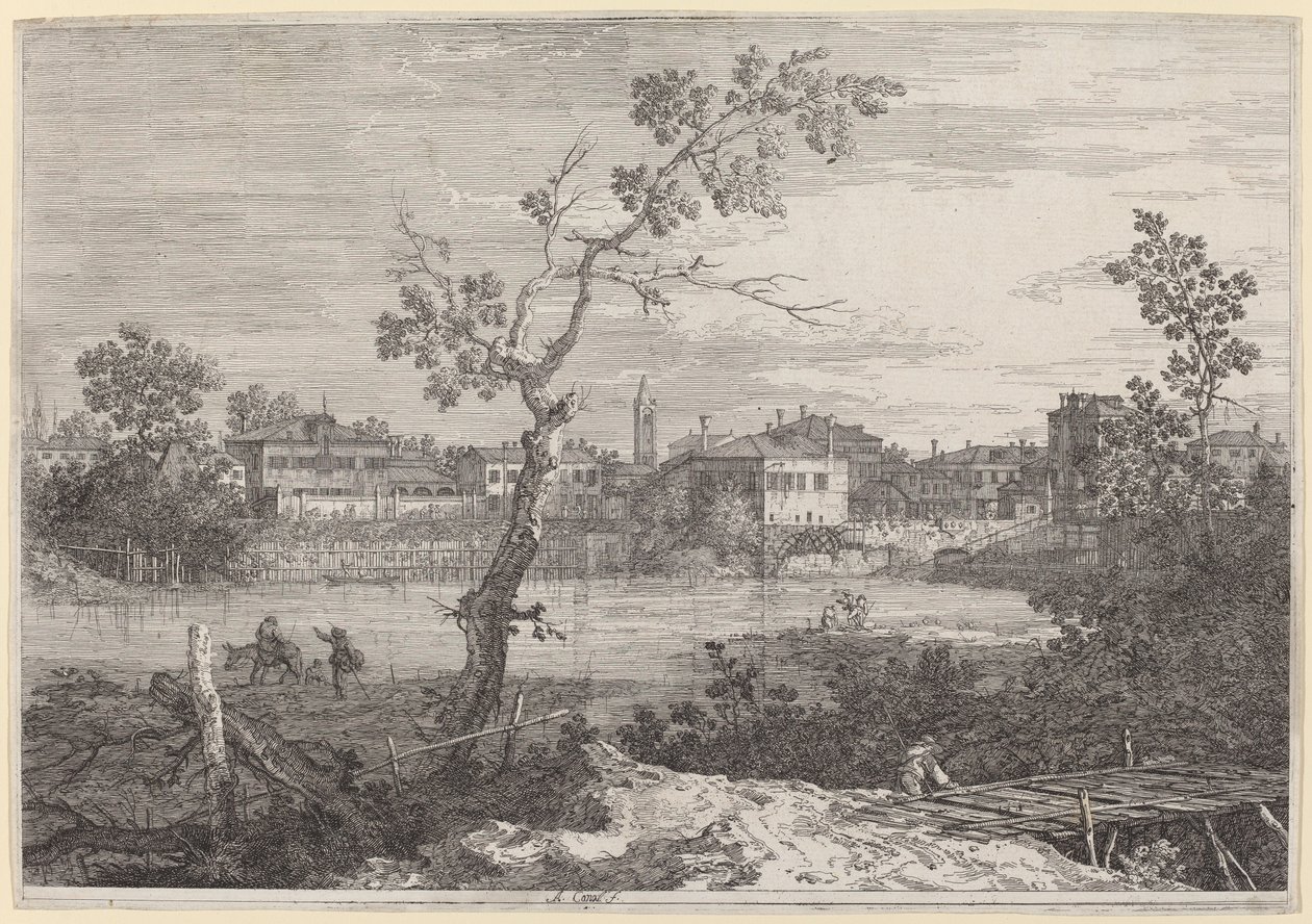 Udsigt over en by ved en flodbred, ca. 17351746. af Canaletto