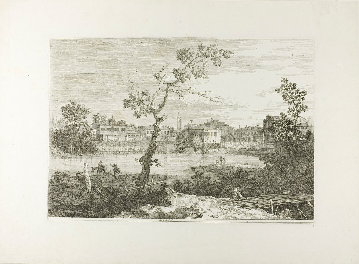 Udsigt til en by på en flodbred af Canaletto