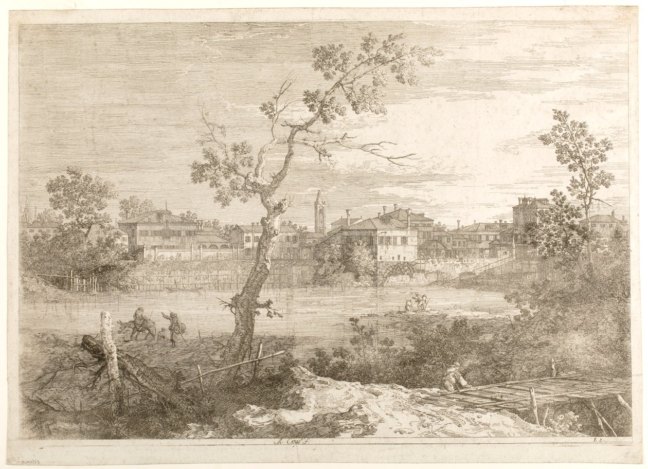 Udsigt over en by ved en flodbred, fra serien »Udsigter« af Canaletto