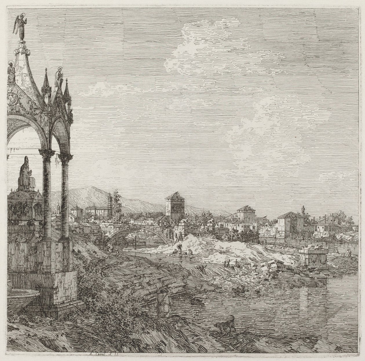 Udsigt over en by med en bispegrav, ca. 17351746. af Canaletto