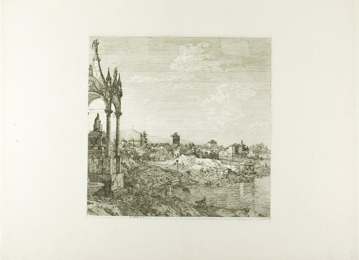 Udsigt over en by med en biskopsgrav, fra Vedute af Canaletto