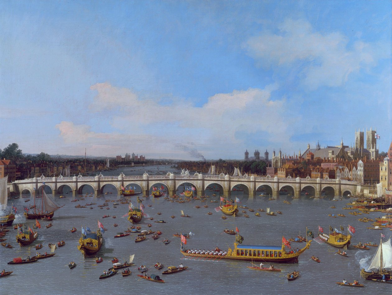 Westminster Bridge, med overborgmesterens optog på Themsen af Giovanni Antonio Canal