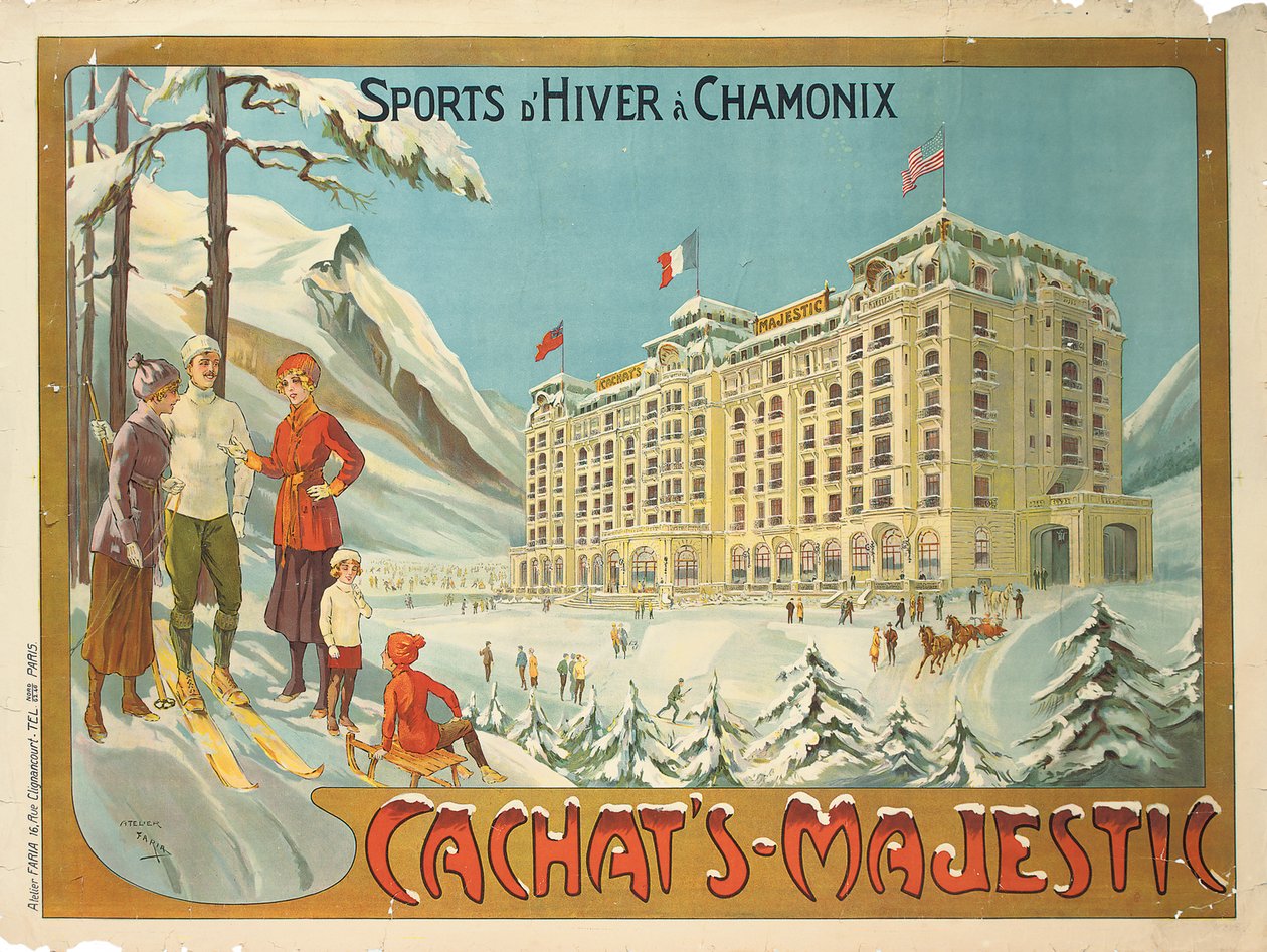 Plakat, der reklamerer for hotellet "Cachat"s Majestic" og vintersport i Chamonix, ca. 1910 af Candido Aragonez de Faria