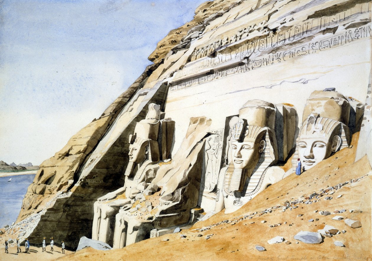 Forsiden af det store tempel i Abu Simbel, kæmpe sandstensstatuer af Ramses II. Af Canon G Frederick Weston af Canon G. F. Weston