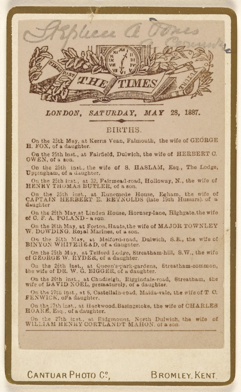 [Fødselsannonce fra "The Times", London, lørdag den 28. maj 1887]. af Cantuar Photographic Company