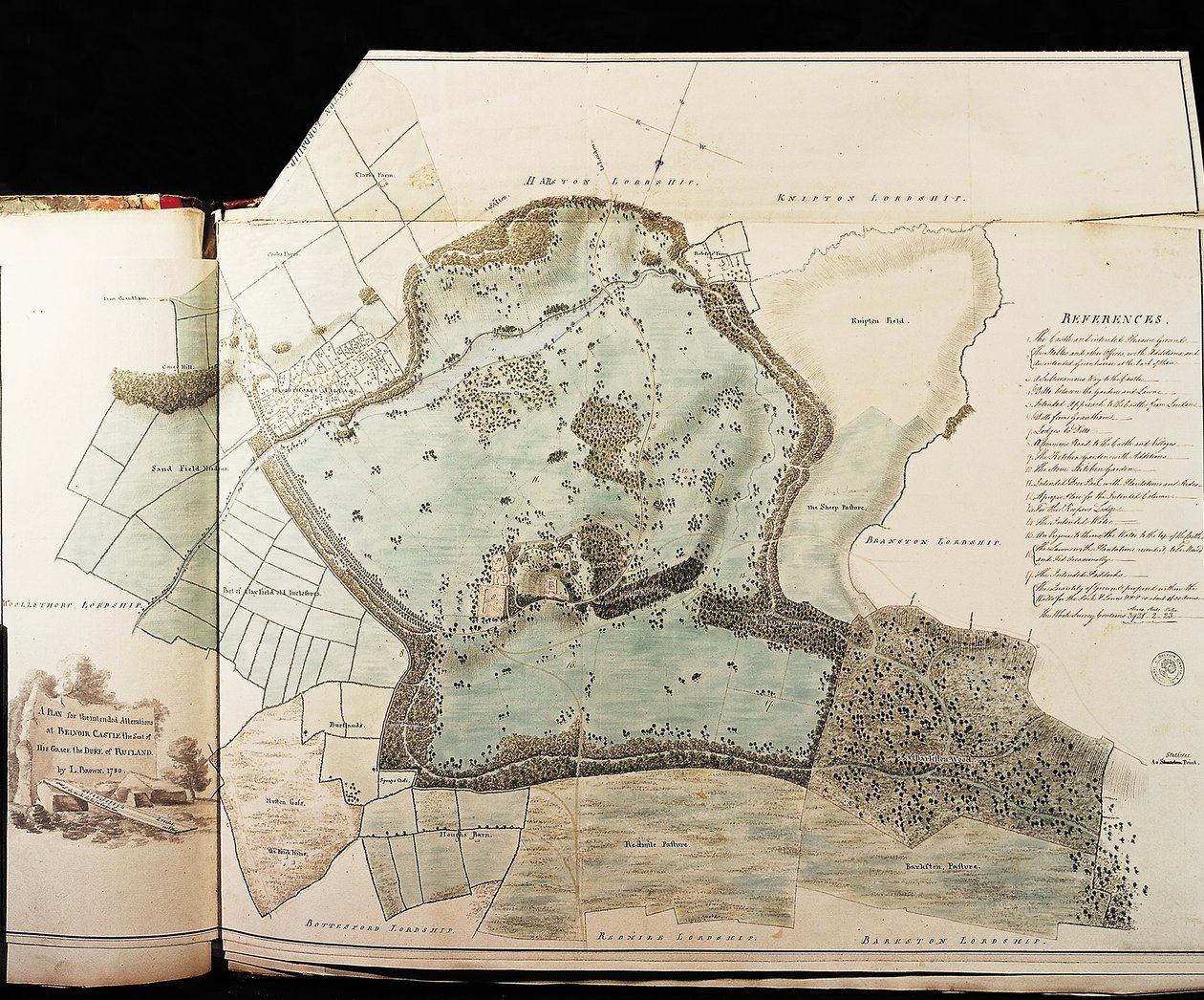 Design til parkområdet ved Belvoir Castle (pen og blæk med wc på papir) af Capability Brown