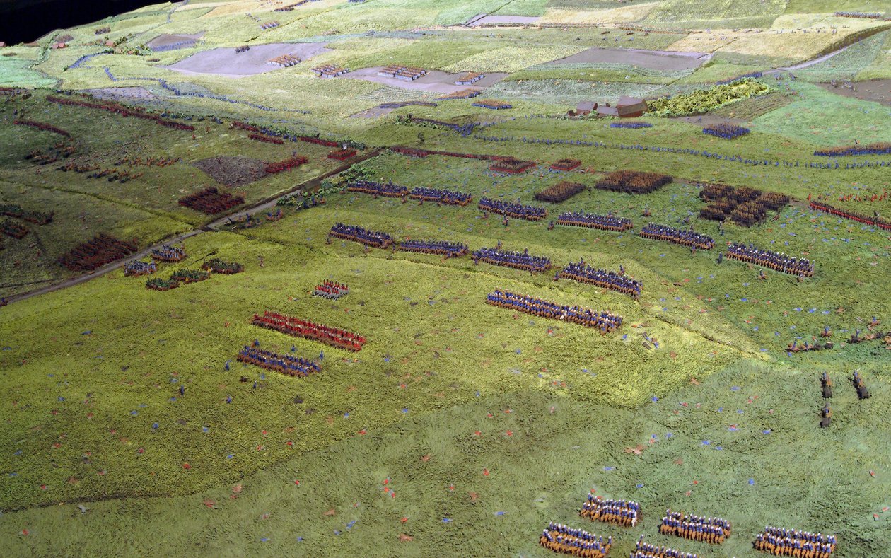 Diorama fra slaget ved Waterloo, der viser tropper placeret kl. 19.45 den 18. juni 1815 (blandet medier) (detaljer) af Capt. William Siborne