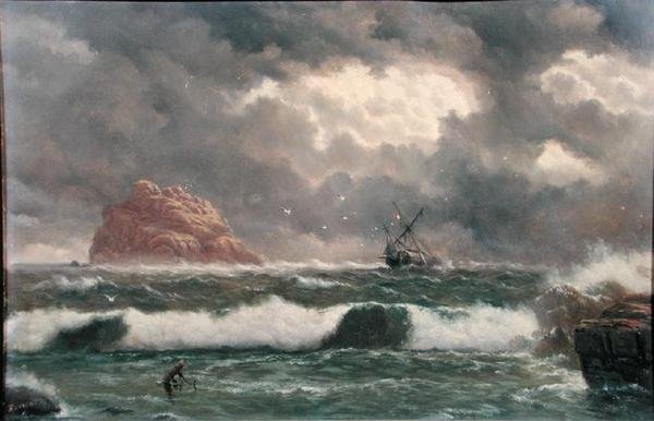 Stormfuld kystscene (olie om bord) af Capt. John Haughton Forrest
