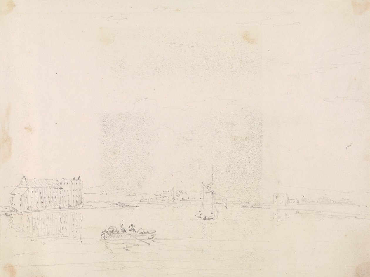 Skitse af både og en stor bygning fra den anden side af Medina-floden af Capt. Thomas Hastings