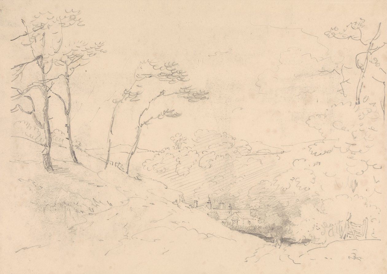 Skitse af træer og bakker over Barton Farm House, Isle of Wight af Capt. Thomas Hastings