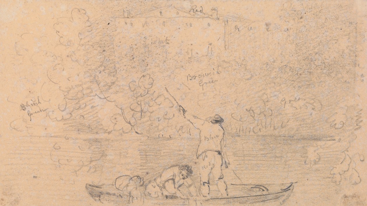 Skitse af to mænd i en båd og et hus ved kysten af Capt. Thomas Hastings