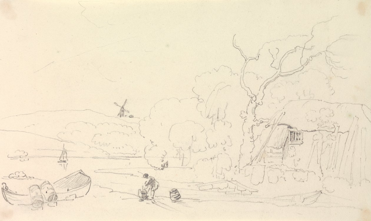 Skitse af et sommerhus ved floden med en vindmølle i det fjerne af Capt. Thomas Hastings