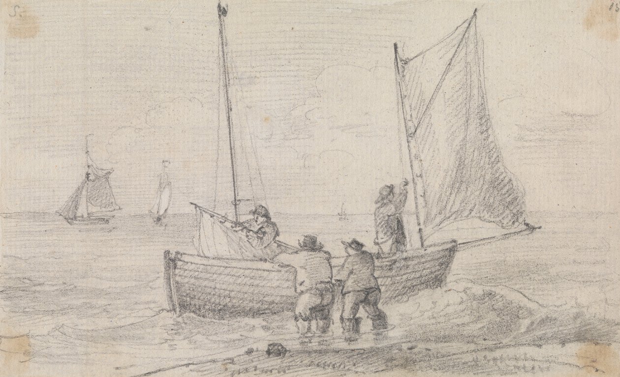 Skitse af en gruppe, der forbereder sejlene nær kysten, Hastings af Capt. Thomas Hastings
