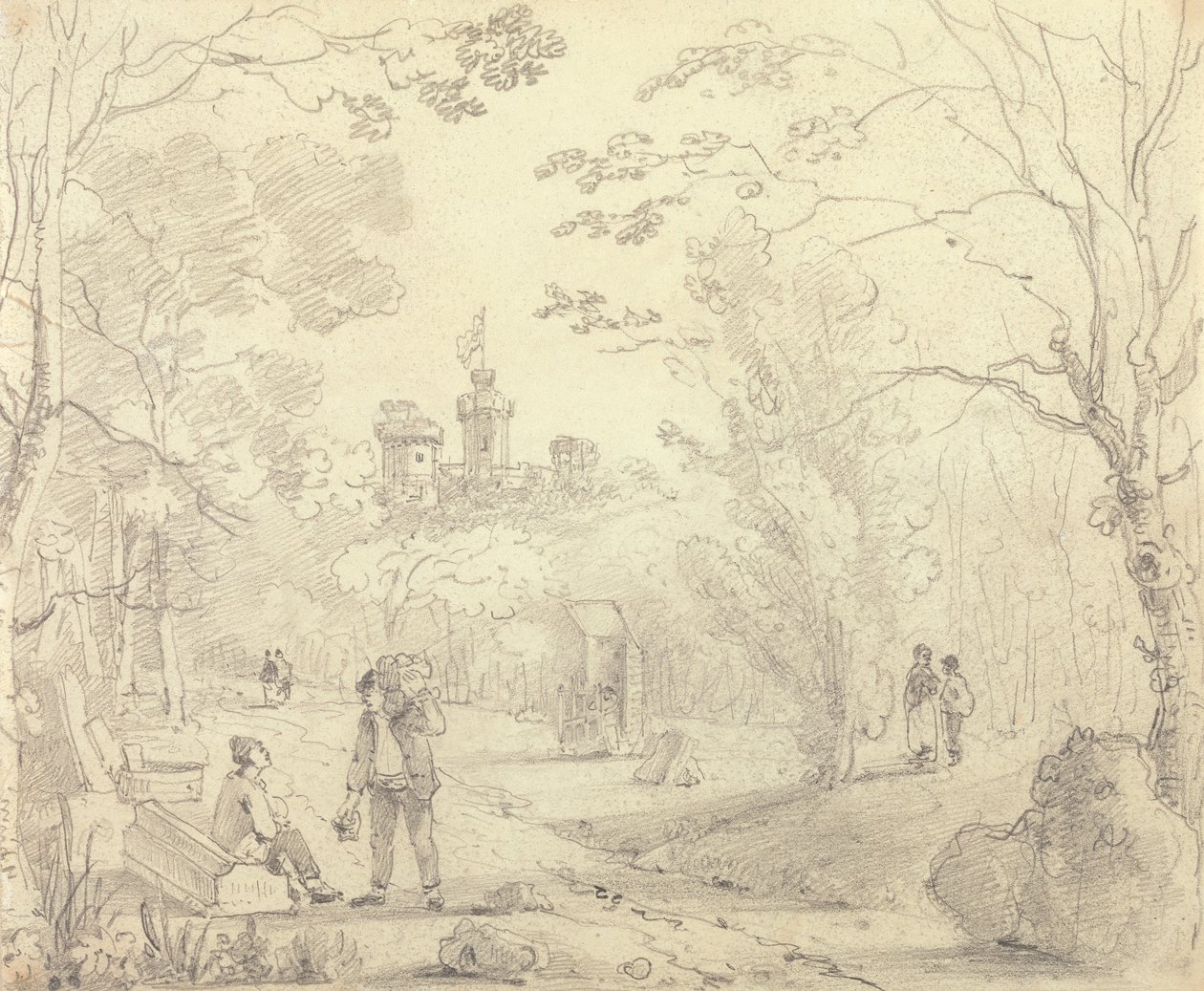 Skitse af en parkscene med East Cowes Castle i det fjerne, Isle of Wight af Capt. Thomas Hastings