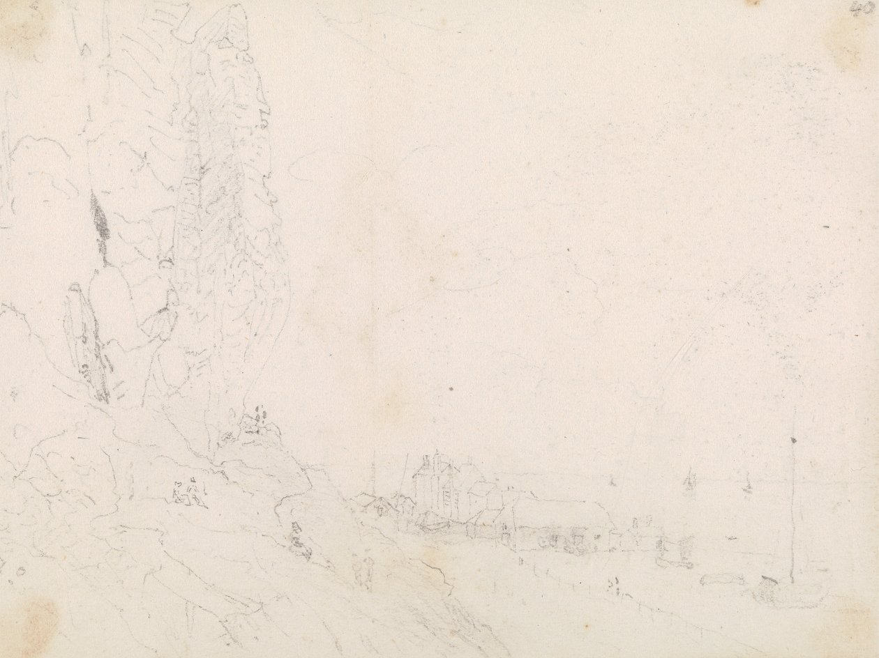 Skitse af en kystby nær en klippe af Capt. Thomas Hastings