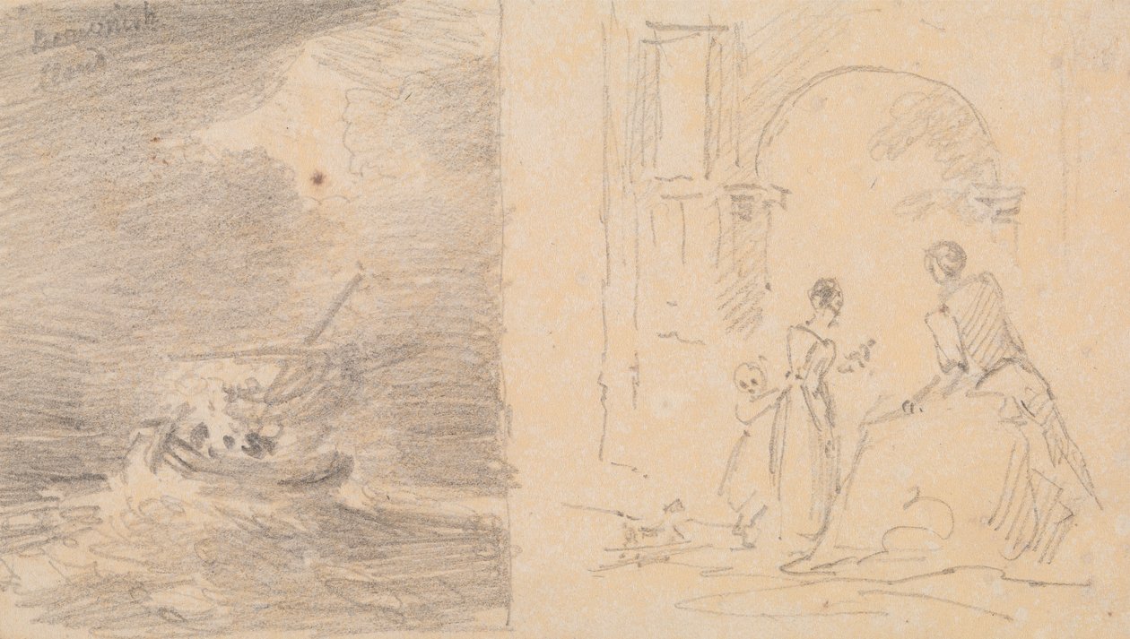 Skitse af et skib i en storm og skitse af en familiegruppering ved en bue af Capt. Thomas Hastings