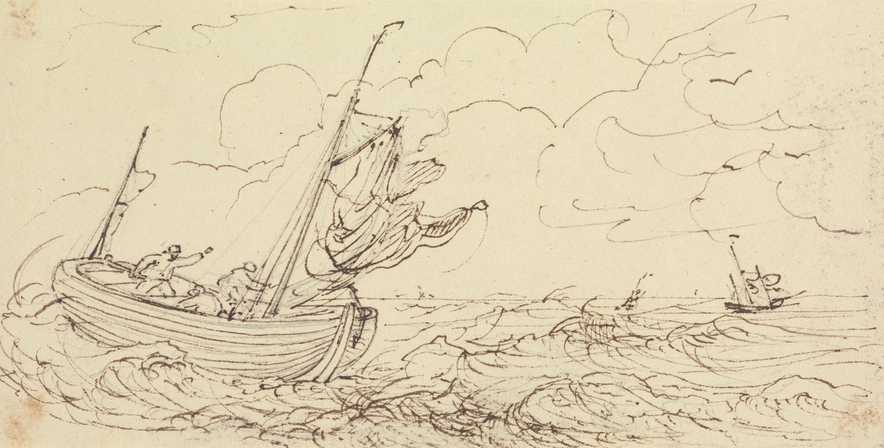 Skitse af et skib på et stormfuldt hav af Capt. Thomas Hastings