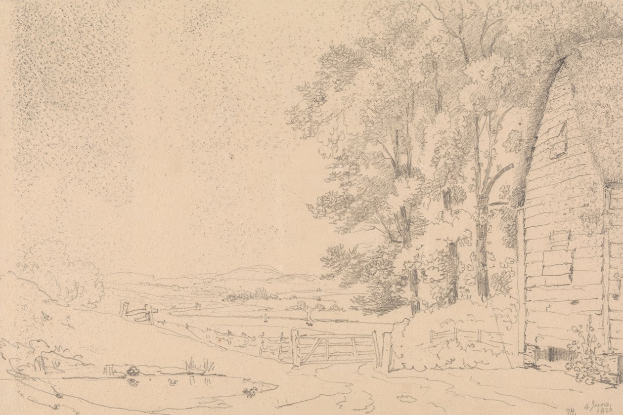 Skitse af en stråtækt bygning og en flod hinsides af Capt. Thomas Hastings