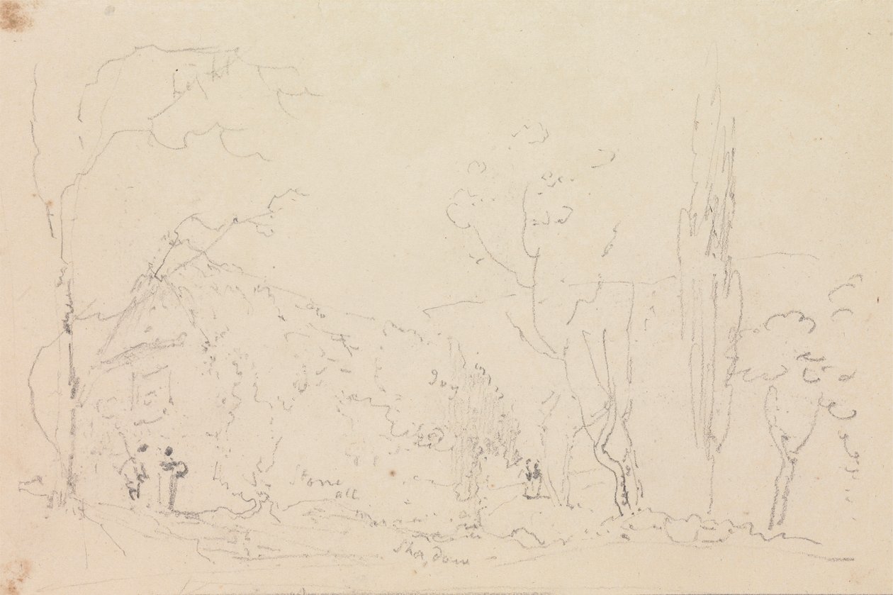 Skitse af et stråtækt sommerhus af Capt. Thomas Hastings