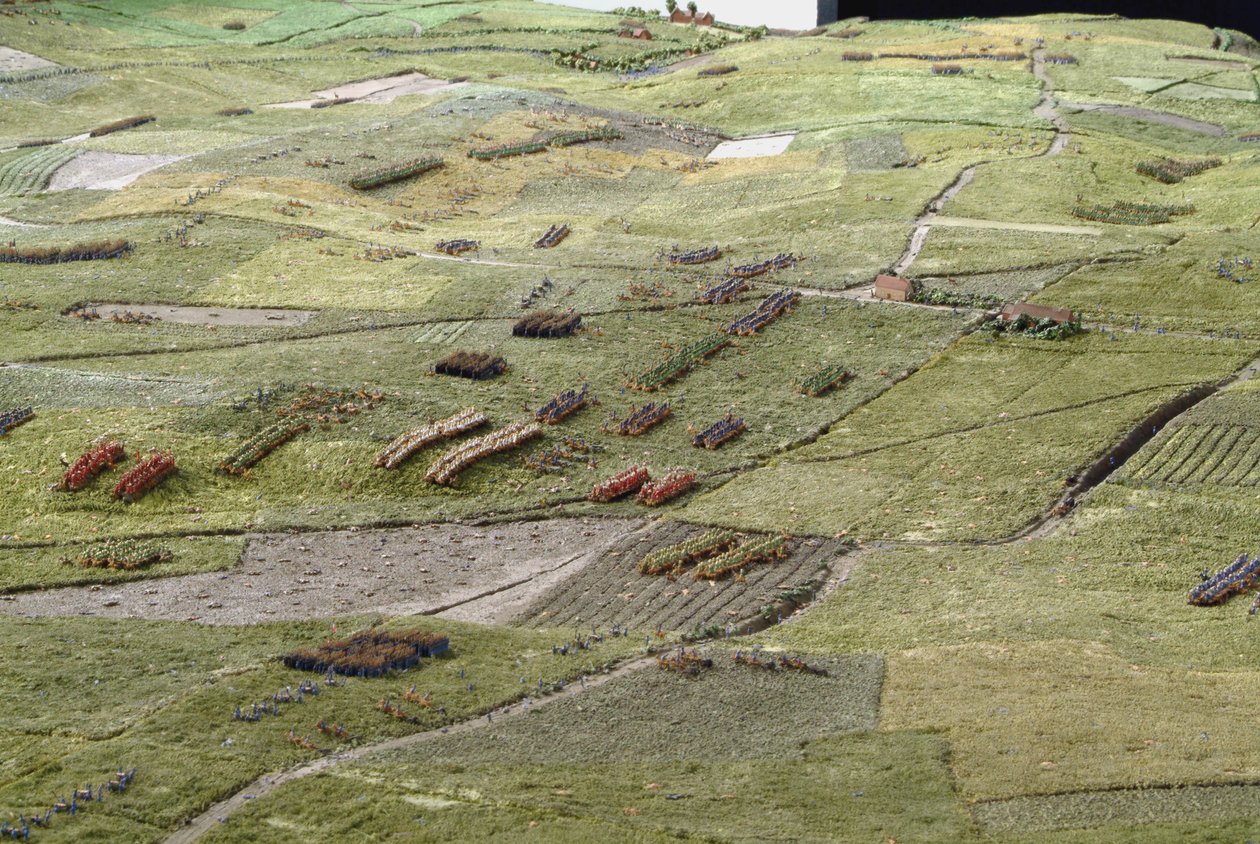 Diorama fra slaget ved Waterloo, der viser tropper placeret kl. 19.45 den 18. juni 1815 (blandet medier) (detaljer) af Capt. William Siborne
