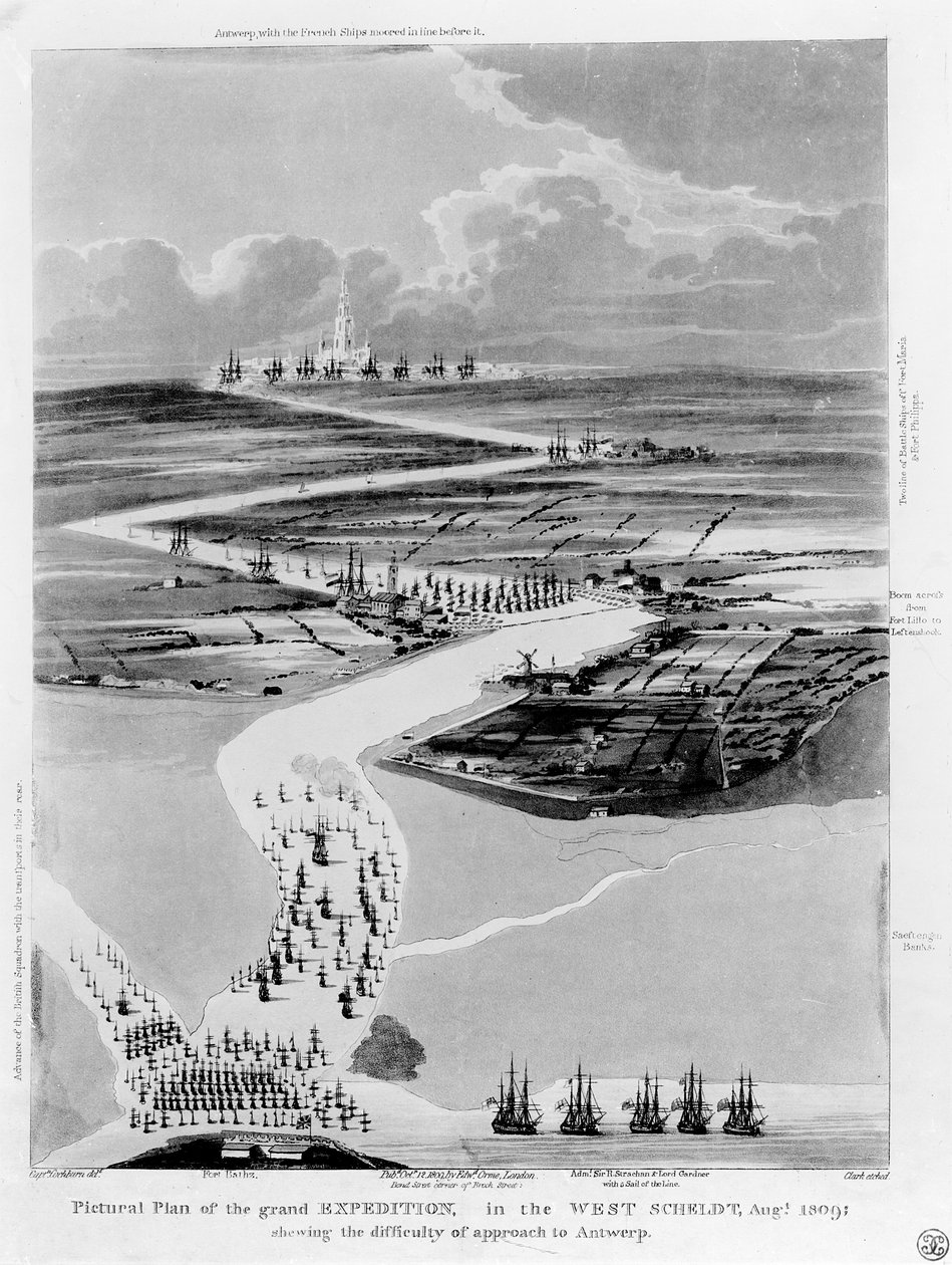 Billedplan af den store ekspedition i Vestschelde, august 1809, viser vanskeligheden ved at nærme sig Antwerpen, ætset af Clark af Captain Cockburn