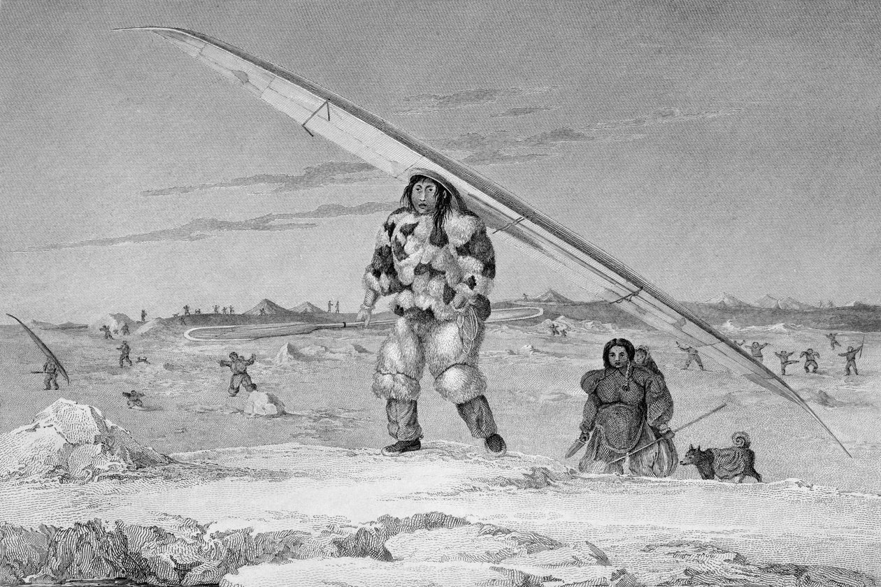 En eskimaux fra Igloolik, iført en jakke af fugleskind, bærer sin kano ned til vandet, fra "Journal of a Second Voyage for the Discovery of a North West Passage from the Atlantic to the Pacific". af Captain George Francis Lyon