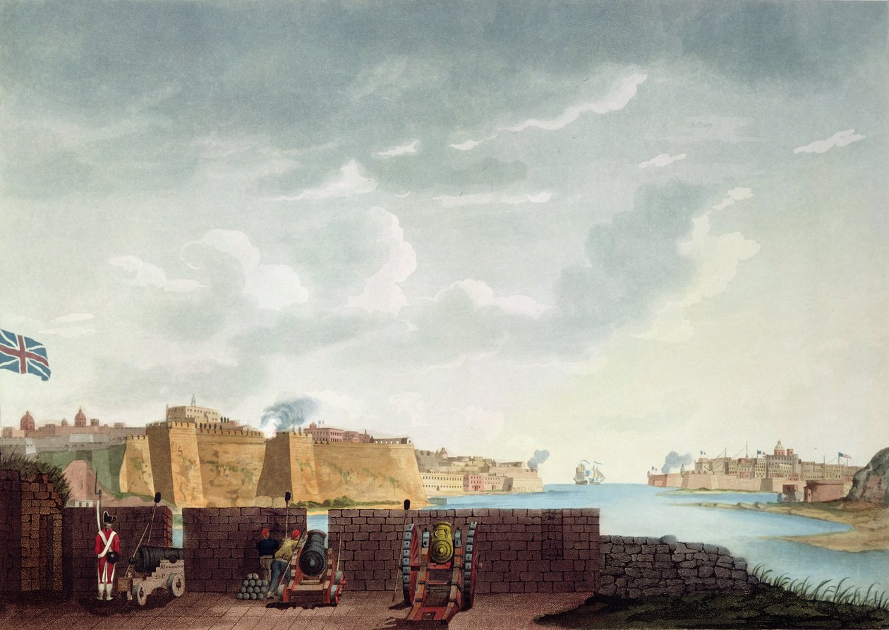 Udsigt over La Valletta under belejringen i 1800, graveret af Francis Chesham, 1803 af Captain James Weir