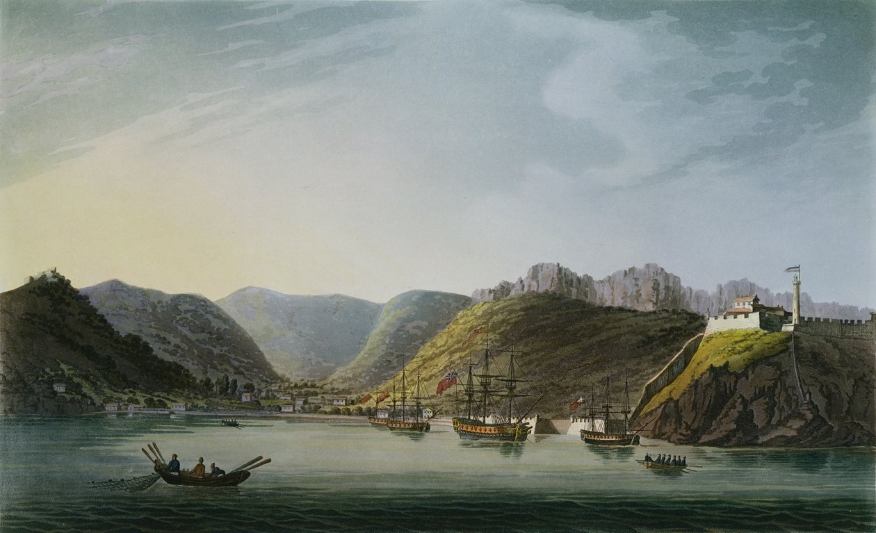 Udsigt over vestsiden af Porto Ferraio-bugten, Elba, indgraveret af Francis Jukes (1747-1812) udgivet af J. Daniell, april 1814 af Captain James Weir