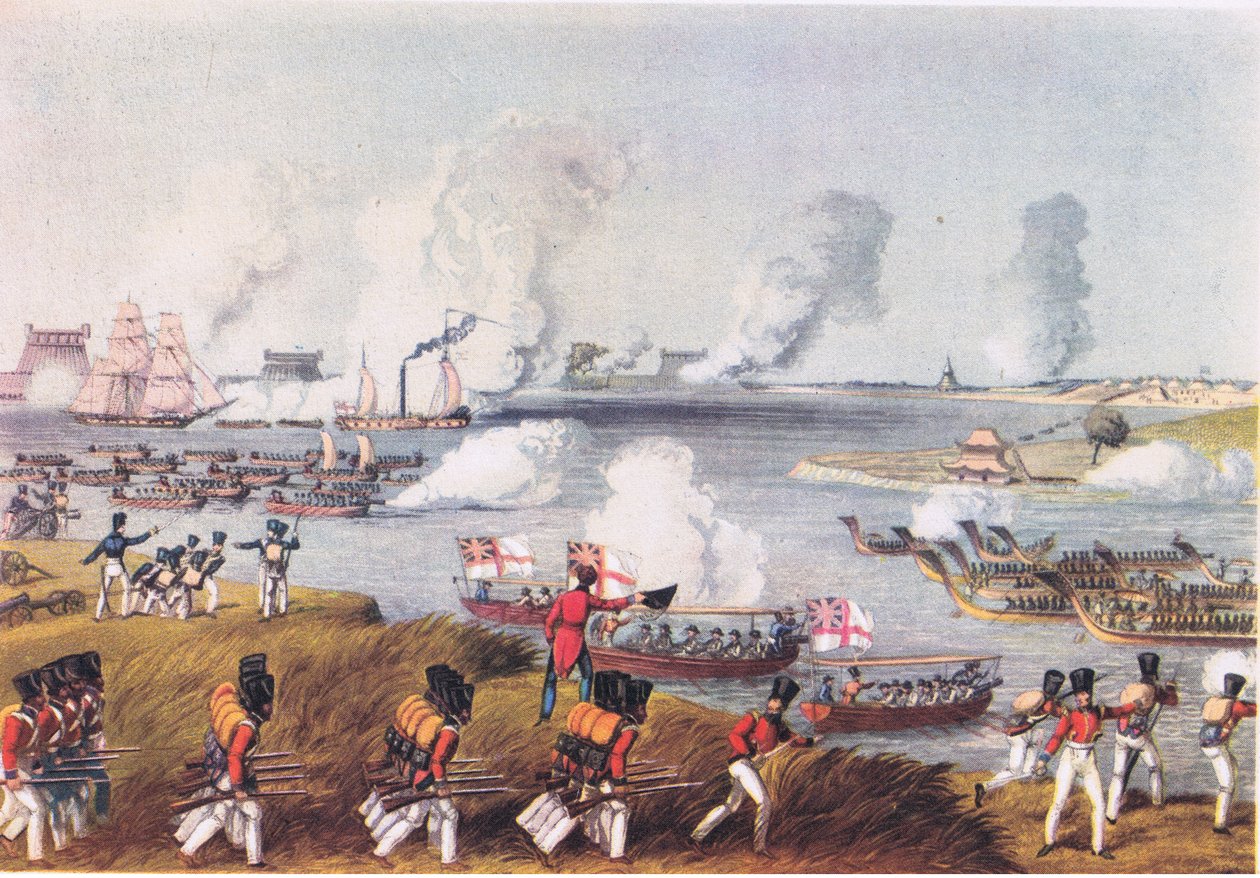 Kombinerede flåde- og militærstyrker i Burma, 17. marts 1825, fra British Adventure udgivet af Collins, 1947 af Captain R. N. Thornton