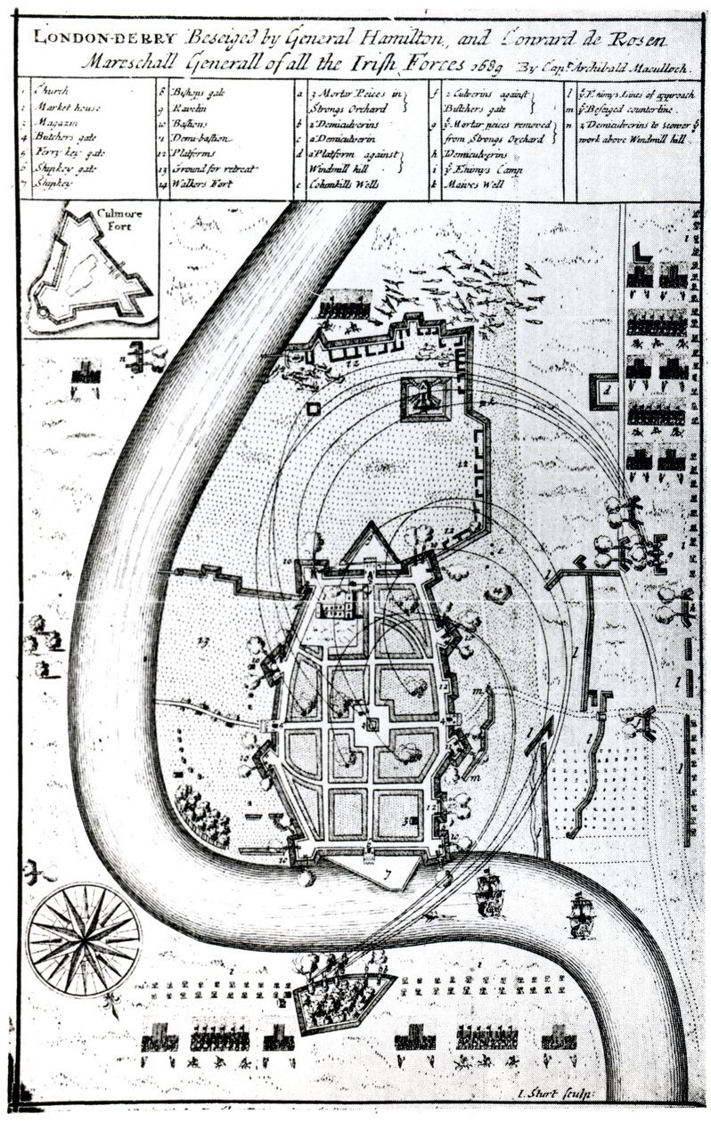Londonderry Belejret af General Hamilton og Conrad de Rosen, indgraveret af J. Sturt, 1689 af Captain Archibald Maculloch