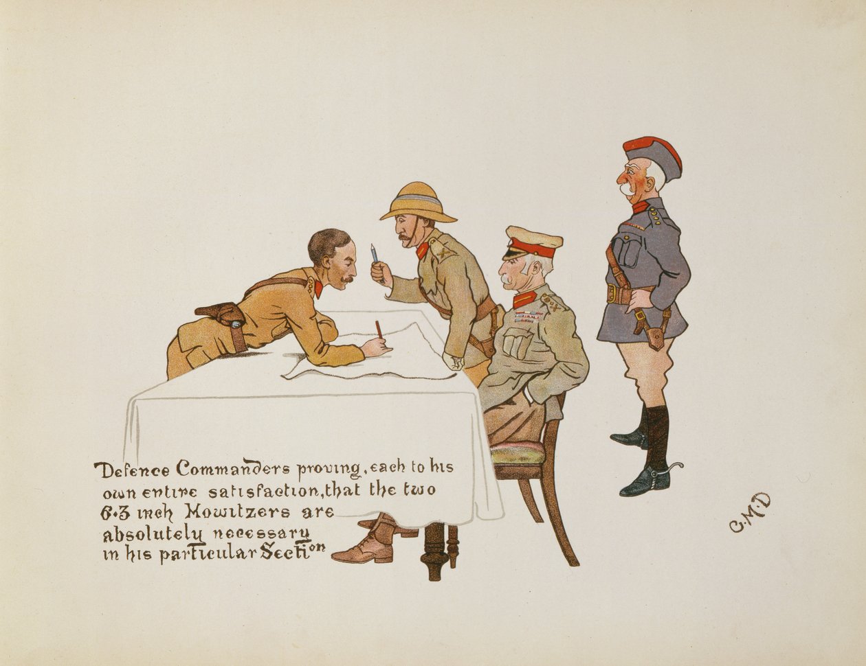 Forsvarskommandører beviser, at de to 6,3 tommer Howlitzere er absolut nødvendige i hans særlige sektion, fra The Leaguer of Ladysmith, 1900 af Captain Clive Dixon