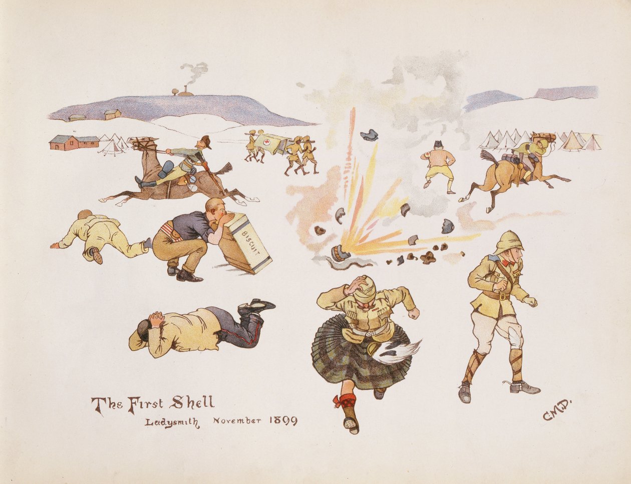 The First Shell, Ladysmith, 1899, fra The Leaguer of Ladysmith, 1900 af Captain Clive Dixon