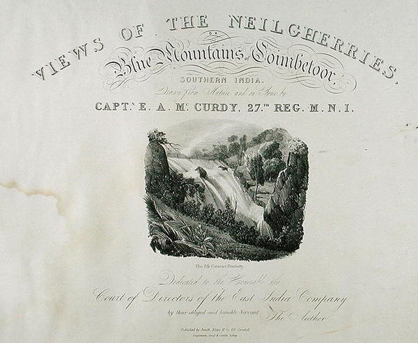 The Elk Cataract, Dimhutty, titelside for View of the Neilgherries, or Blue Mountains of Coimbetoor, Southern India af kaptajn McCurdy, udgivet 1830 af Captain E. A. after McCurdy