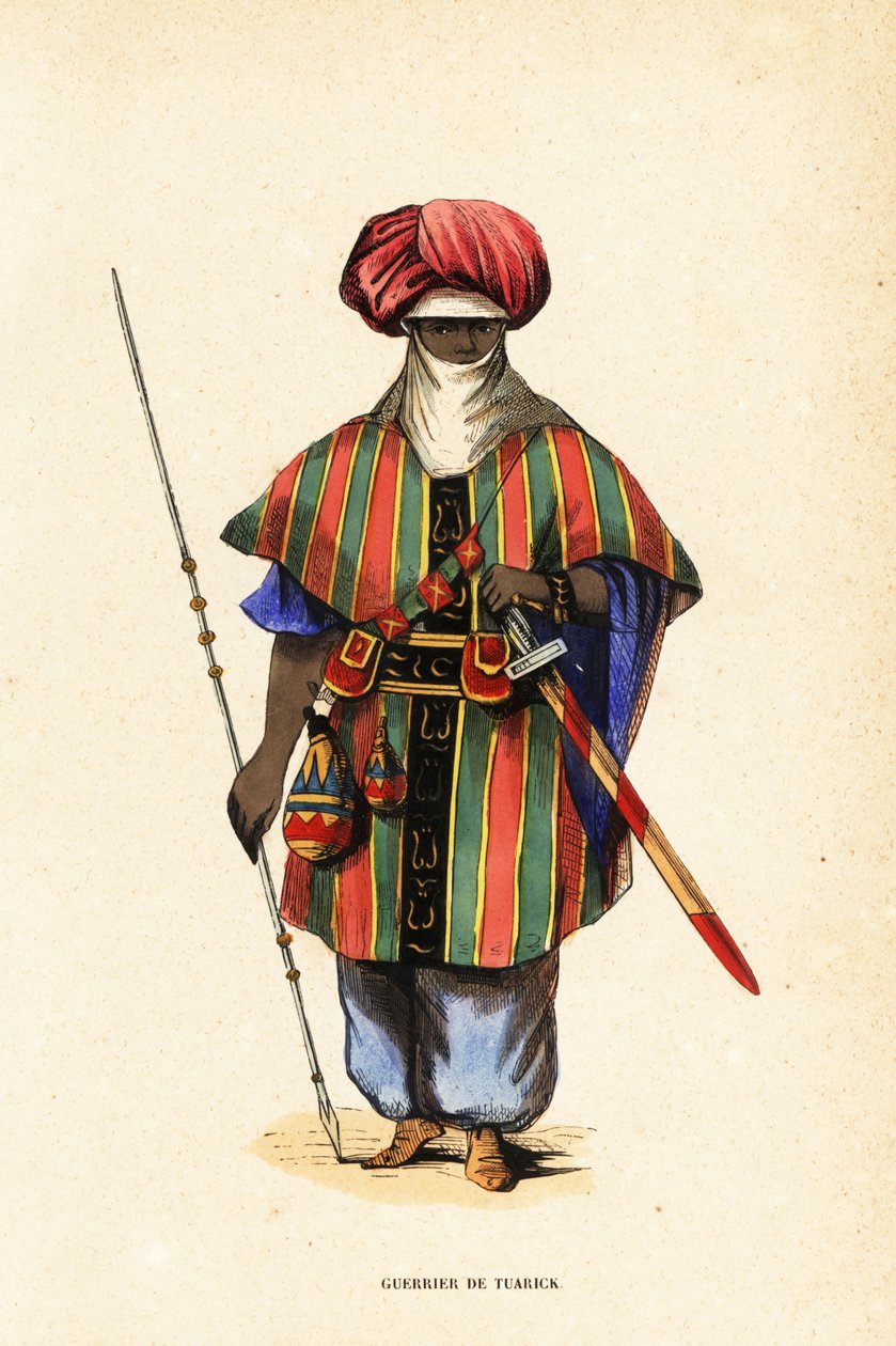 Ædel Tuareg-kriger fra Agadez, Niger, i tagelmust (turban og slør), taktkat (skjorte) og akarbey (bukser) af Captain George Francis (after) Lyon
