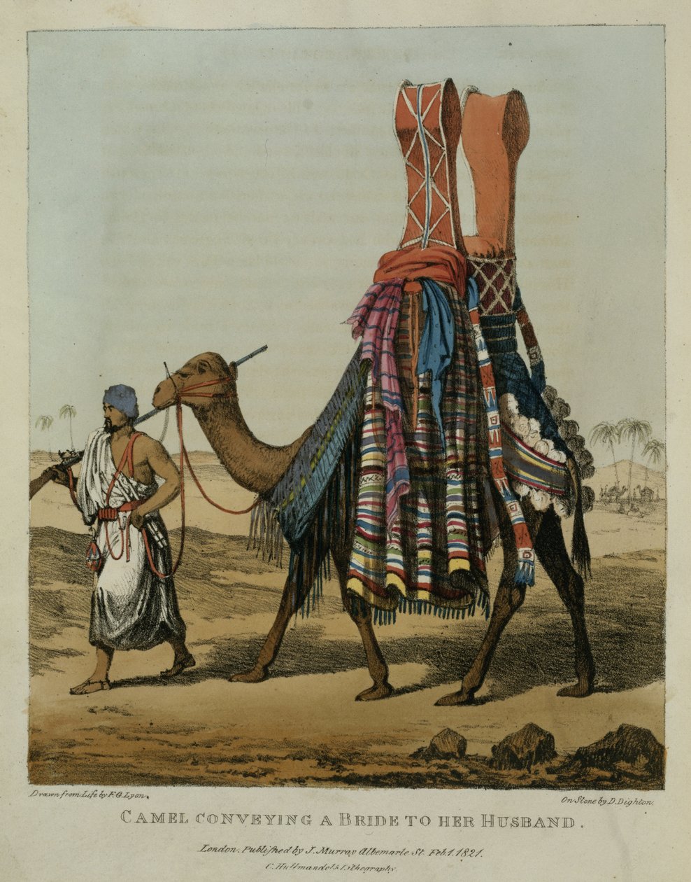 Kamel, der transporterer en brud til sin mand, graveret af Denis Dighton (1792-1827), plade 16 fra "A Narrative of Travels in Northern Africa", udgivet af Denis Dighton (1792-1827). 1821 af Captain George Francis Lyon