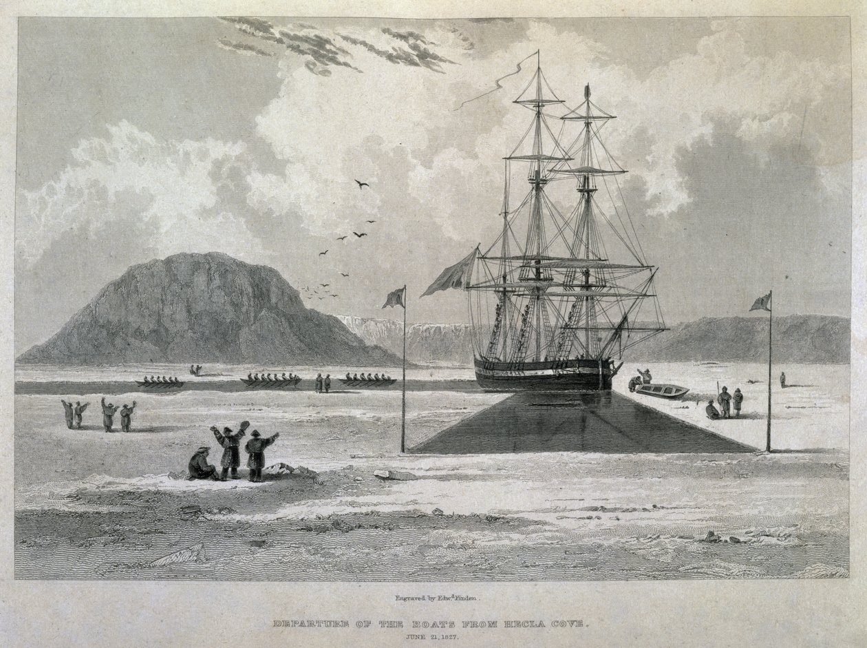 Bådenes afgang fra Hecla Cove, 21. juni 1827, fra Journal of a Third Voyage for the Discovery of a North West Passage from the Atlantic to the Pacific udført i årene 1824-25 i H.M.s af Captain George Francis Lyon
