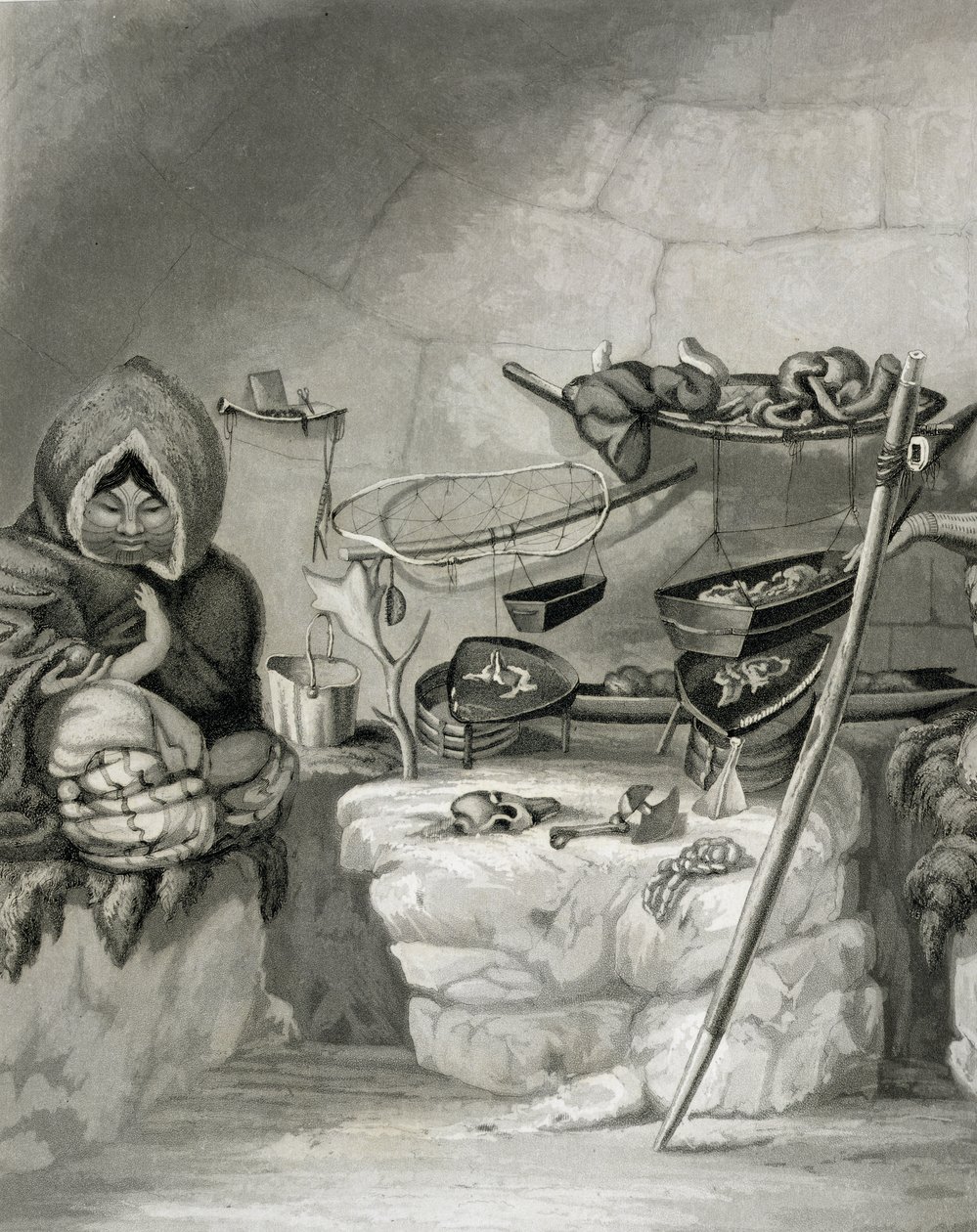 Interiør af en eskimo snehytte, Winter Island 1822, indgraveret af Edward Francis Finden (1791-1857) pub. af John Murray, 1824 af Captain George Francis Lyon